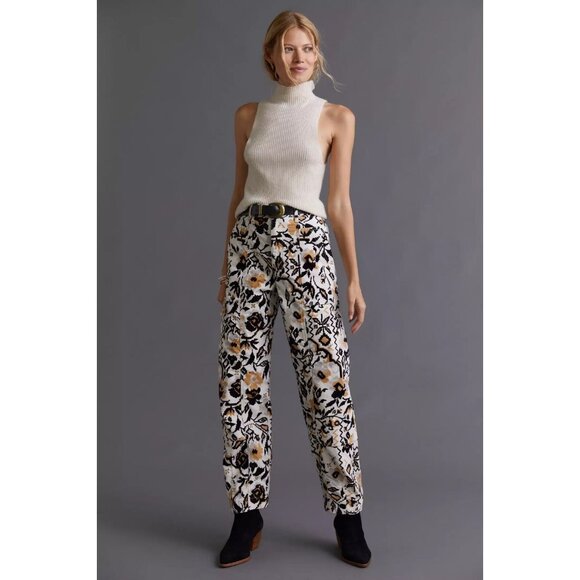 ANTHROPOLOGIE Floral Printed Cotton Corduroy Tapered Utility Pants, Size 2 - Picture 1 of 16